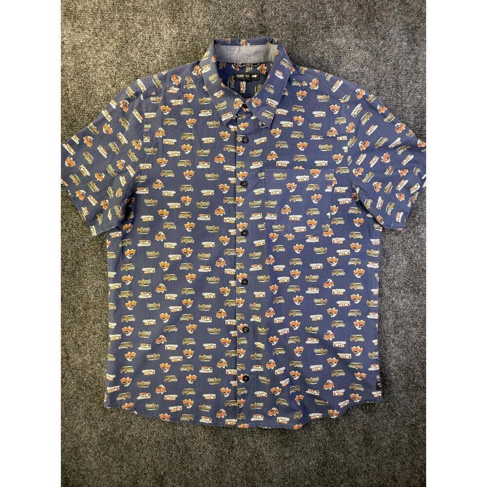 Toad & Co Shirt Mens Small Blue Short Sleeve Organic Cotton Camper Van Print